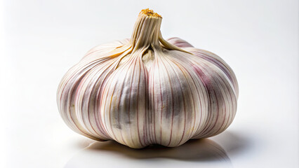Obraz premium A single, whole garlic bulb with a striped, white and purple skin sits on a white surface