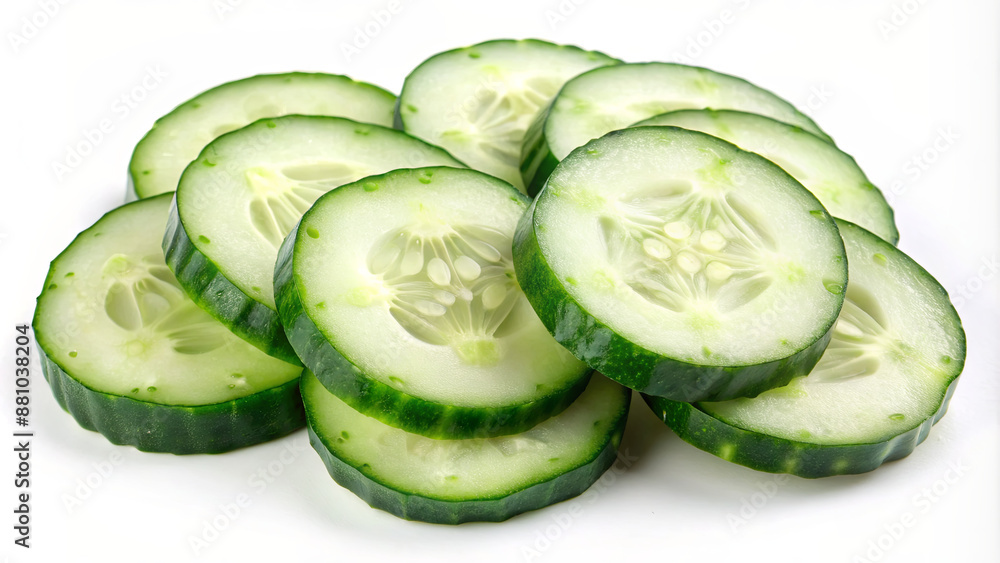 Poster close-up of several green cucumber slices arranged on a white background