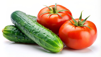 Two ripe, red tomatoes and two fresh, green cucumbers rest on a white surface