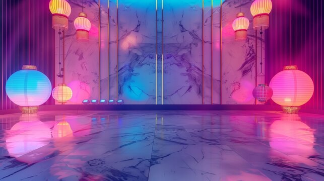 polished marble floor and a wall decorated with neon party lights and hanging lanterns, providing a vibrant background for product displays. 