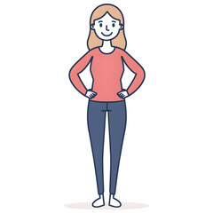 Fototapeta premium Cartoon woman smiling, full body standing, isolated on white background. Flat design, Solid color.