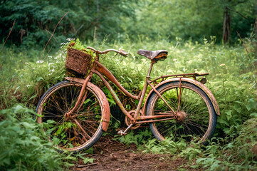 Fototapeta premium a rusting bicycle overtaken by a tangle of weeds
