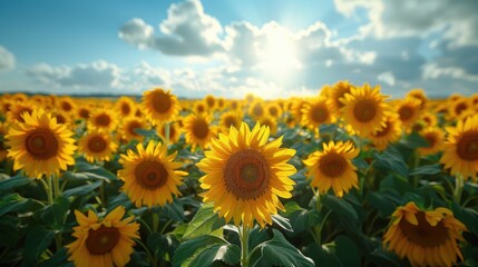 Obraz premium Summer sunflower field, tall sunflowers in full bloom, bright yellow petals, sunny blue sky, cheerful and warm