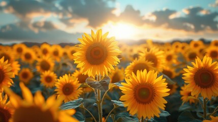Fototapeta premium Summer sunflower field, tall sunflowers in full bloom, bright yellow petals, sunny blue sky, cheerful and warm