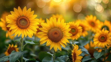 Fototapeta premium Summer sunflower field, tall sunflowers in full bloom, bright yellow petals, sunny blue sky, cheerful and warm