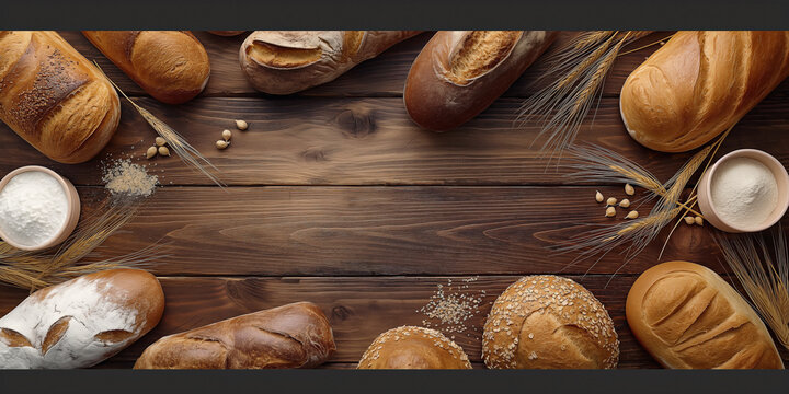 envision a captivating tableau on a dark wooden surface, stretching wide to accommodate a serene bakery scene