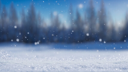 A peaceful winter scene capturing the gentle beauty of a snowfall in a snow-covered forest. Delicate snowflakes fall gracefully, creating a tranquil atmosphere. The soft blue light and shimmering snow