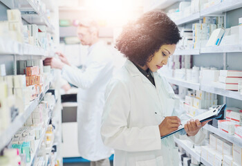 Clipboard, healthcare and woman with inventory in pharmacy for product ingredients information....