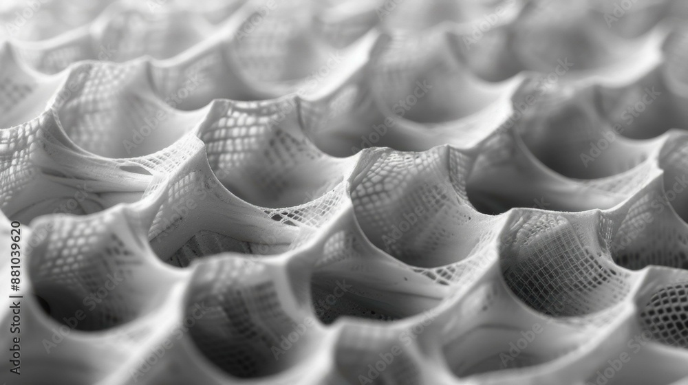 Poster close-up of a 3d printed object with a cellular structure. ai.