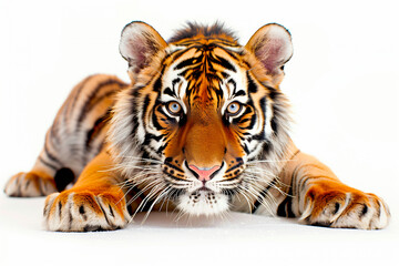 Obraz premium A beautiful adult tiger lies on a white background