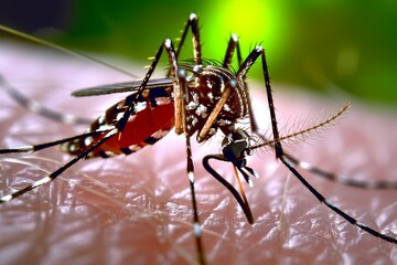 Detailed macro shot of a mosquito feeding on human skin, highlighting the insects intricate features and red filled abdomen. The background shows the texture of the skin with fine hairs.