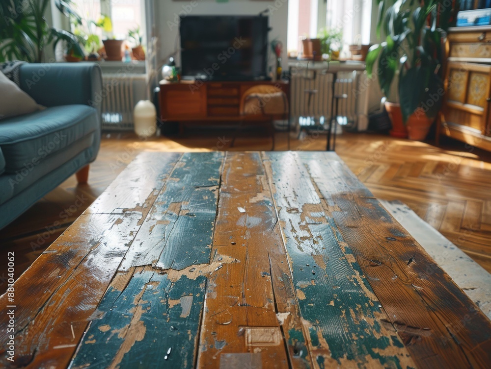 Poster A close-up of a rustic wooden table in a living room. AI.