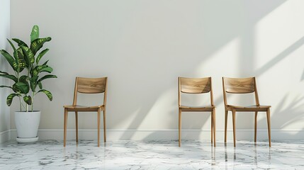 Fototapeta premium Natrual_wood_dinning_table_and_chairs_solid_colour_wall_in_background