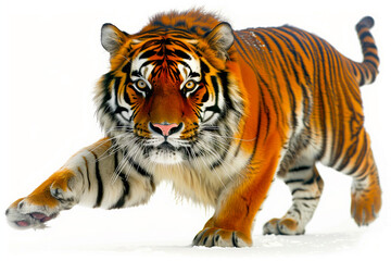 Obraz premium A beautiful adult tiger stalks on a white background