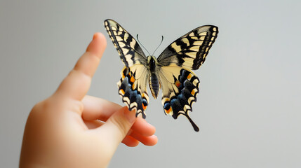 Beautiful butterfly sitting on finger isolated on white on white background