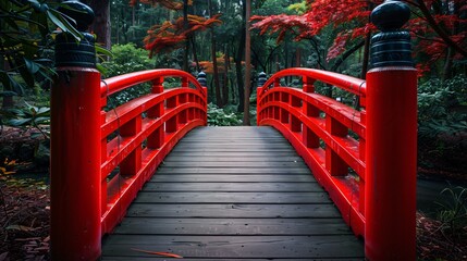 Naklejka premium Serene Red Bridge in a Lush Japanese Garden