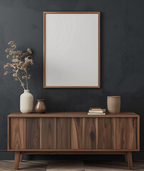 An empty mock-up poster frame hanging on a black wall with sideboard below it 