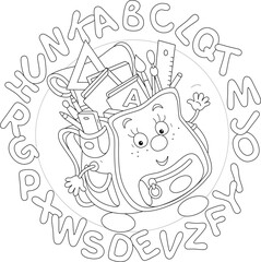 Funny cartoony schoolbag friendly smiling and waving in greeting, surrounded by letters of alphabet, black and white outline vector illustration for a coloring book