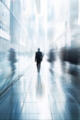 Man walking through modern city with blured glass buildings
