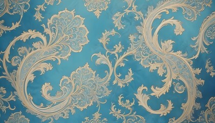 Abstract Turkish blue background adorned with rich, swirling arabesque designs