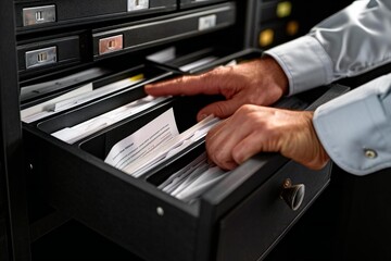 close-up shot of a person's hands reaching into a file cabinet to select a document from a public archive, against a black background.