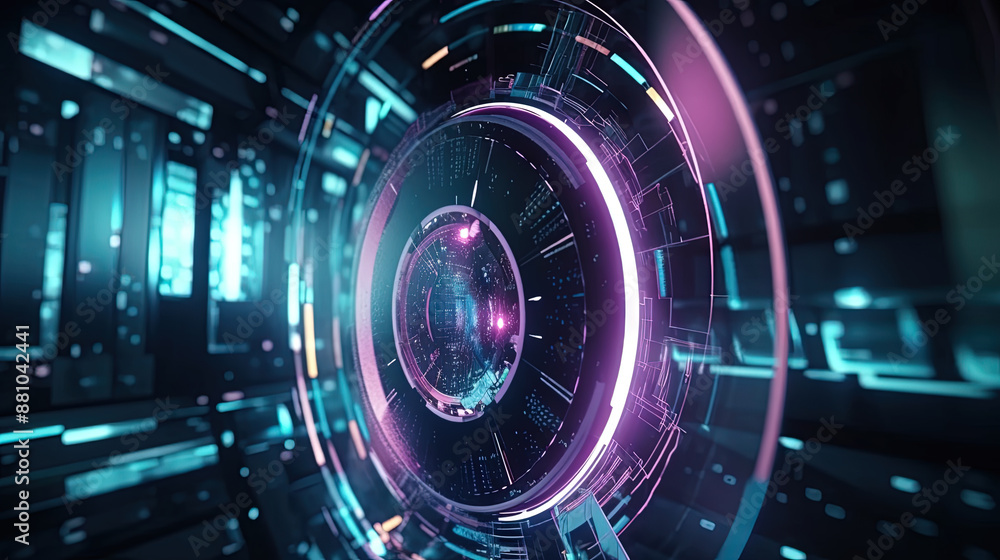 Poster Technology abstract background with hud styled round interface elements in neon tech light.