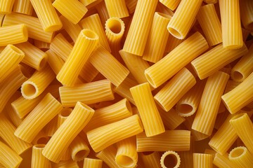 Flat lay photography of dry uncooked tortiglioni or rigatoni pasta as a textured background