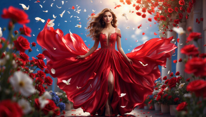 Fototapeta premium A young woman in a red dress in the rose garden