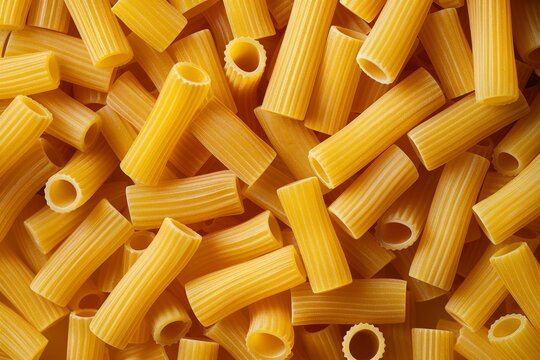 Flat lay photography of dry uncooked tortiglioni or rigatoni pasta as a textured background