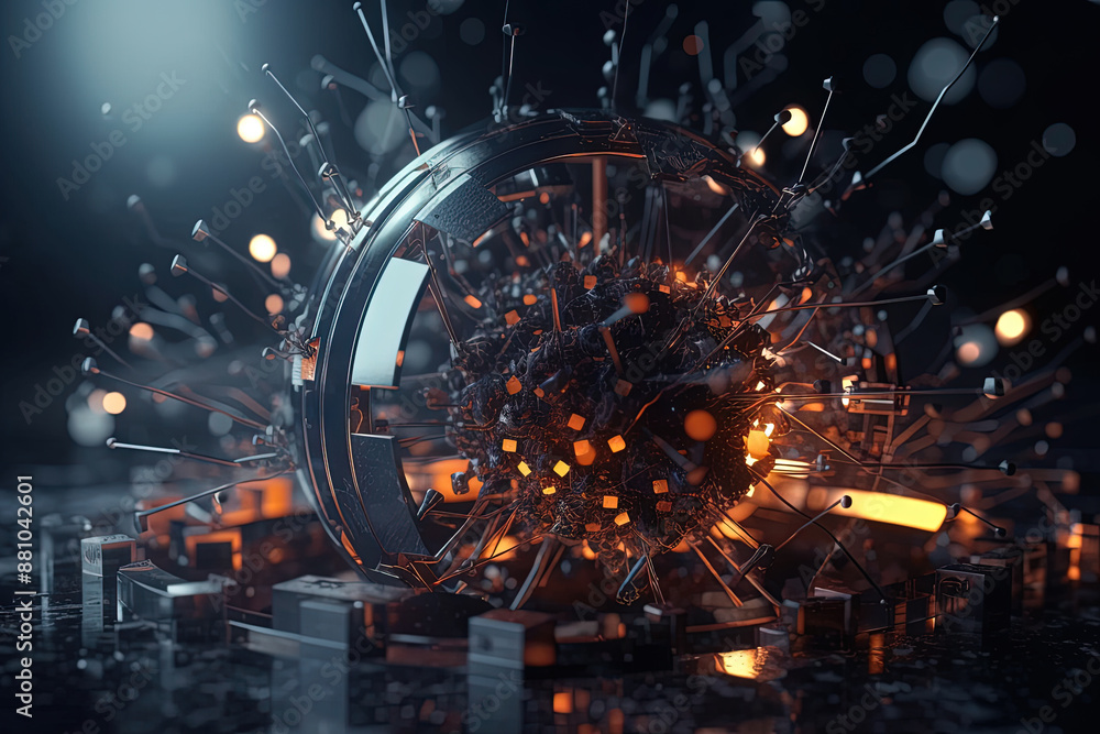 Poster abstract burst of wires and particles on technology background. scientific abstraction with mess of 