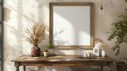 Cozy dining room interior with mockup frame wooden table plants and vintage items Space for text Fall atmosphere