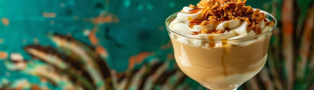 A closeup of a Peruvian suspiro a la limena, showing its rich, creamy texture and caramel topping, served in a stylish glass against a vibrant, tropical background