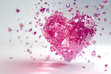A floating heart made of pink crystals. Heart made of pink gemstones on white background.  Love. Valentine's Day. Jewelry. 