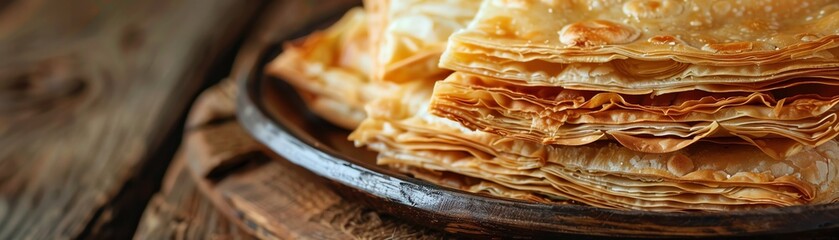 A closeup of Azerbaijani qutab, showing its thin, stuffed pastry layers, placed on a rustic wooden table with natural lighting