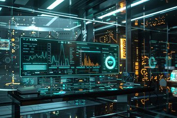 Obraz premium Intuitive Workflow: Futuristic Charts and Diagrams in High-Tech Workspace - Generative AI.