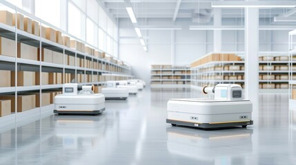 A warehouse with three robots in the middle of the room