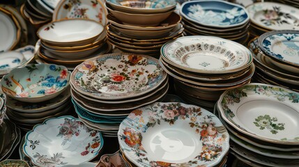 Vintage dishes, pile of old plates. Second hand household objects for sale at flea market, garage sale, thrift store, charity shop. Zero waste, sustainable lifestyle