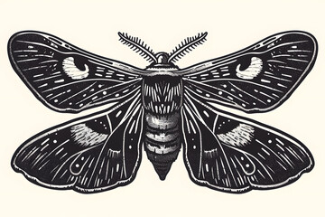 Hand drawn Black moth in a minimal black and white style, tattoo design isolated on white background