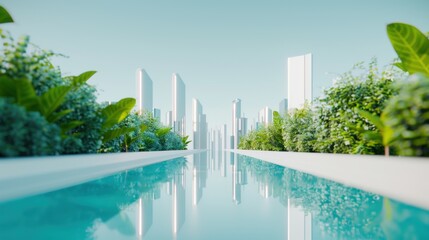 A futuristic cityscape with buildings made of transparent materials for studying urban air quality, showcasing advanced environmental research