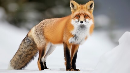 Fototapeta premium A cute red fox with fluffy fur standing alert in the snow