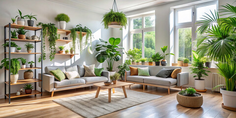 Minimal living room with indoor plants. Bright authentic home interior. Home gardening and biophilic design