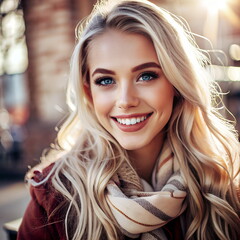 Fototapeta premium Beautiful smiling young woman blond hair wearing in autumn casual cloth in outdoors. Portrait