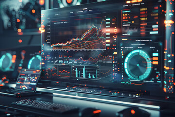 Obraz premium Intuitive Workflow: Futuristic Charts and Diagrams in High-Tech Workspace - Generative AI.