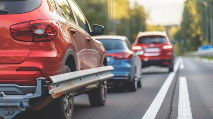 A cartoon of cars on a road with a truck carrying a red car