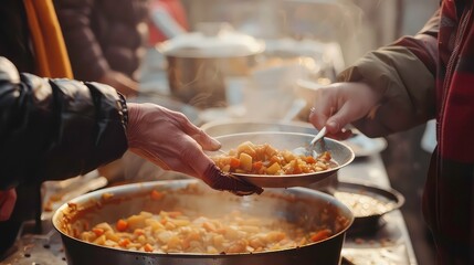 Volunteer hand serving meal to homeless people in shelter. Charity, donation, food distribution to poor people, food aid, food bank