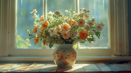 Sunlit Floral Arrangement in Vintage Vase
