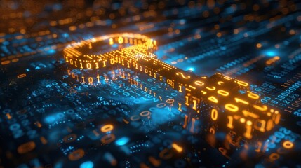 Digital key made of glowing binary code, symbolizing cybersecurity and encryption in a virtual environment.