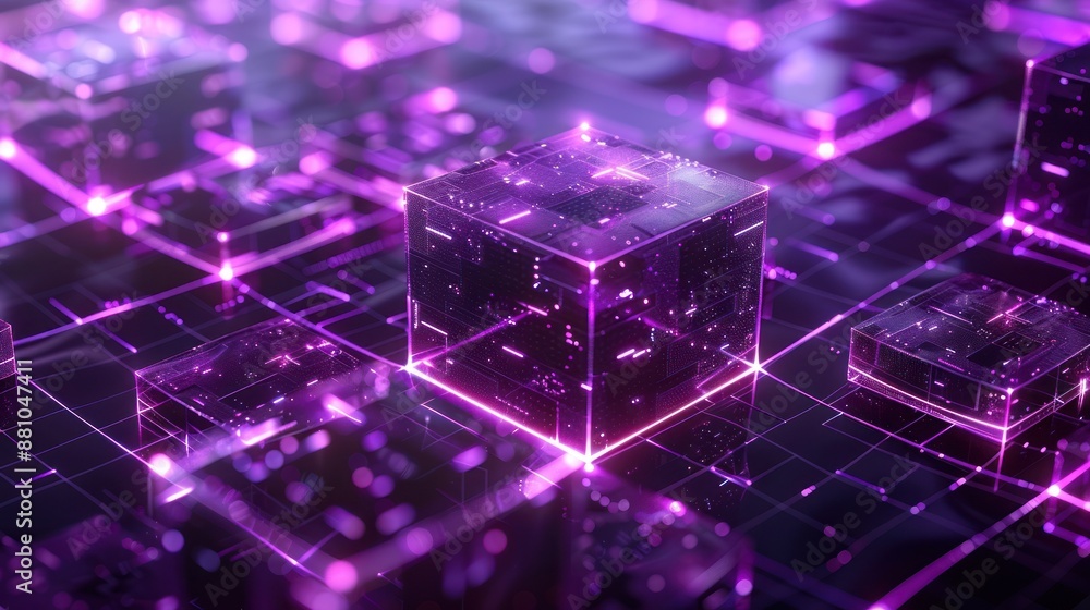 Poster futuristic digital blockchain technology concept with glowing purple blocks connected in a virtual n
