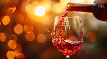 Pouring Red Wine at Sunset with Bokeh Background