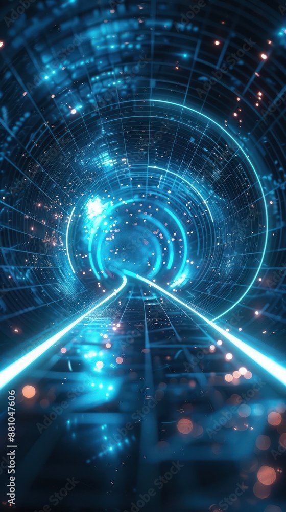 Aufkleber futuristic digital tunnel with glowing blue lights and wireframe design, representing high-tech conc